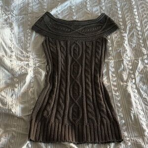 Pink Rose Off-the-Shoulder Brown Sweater Dress